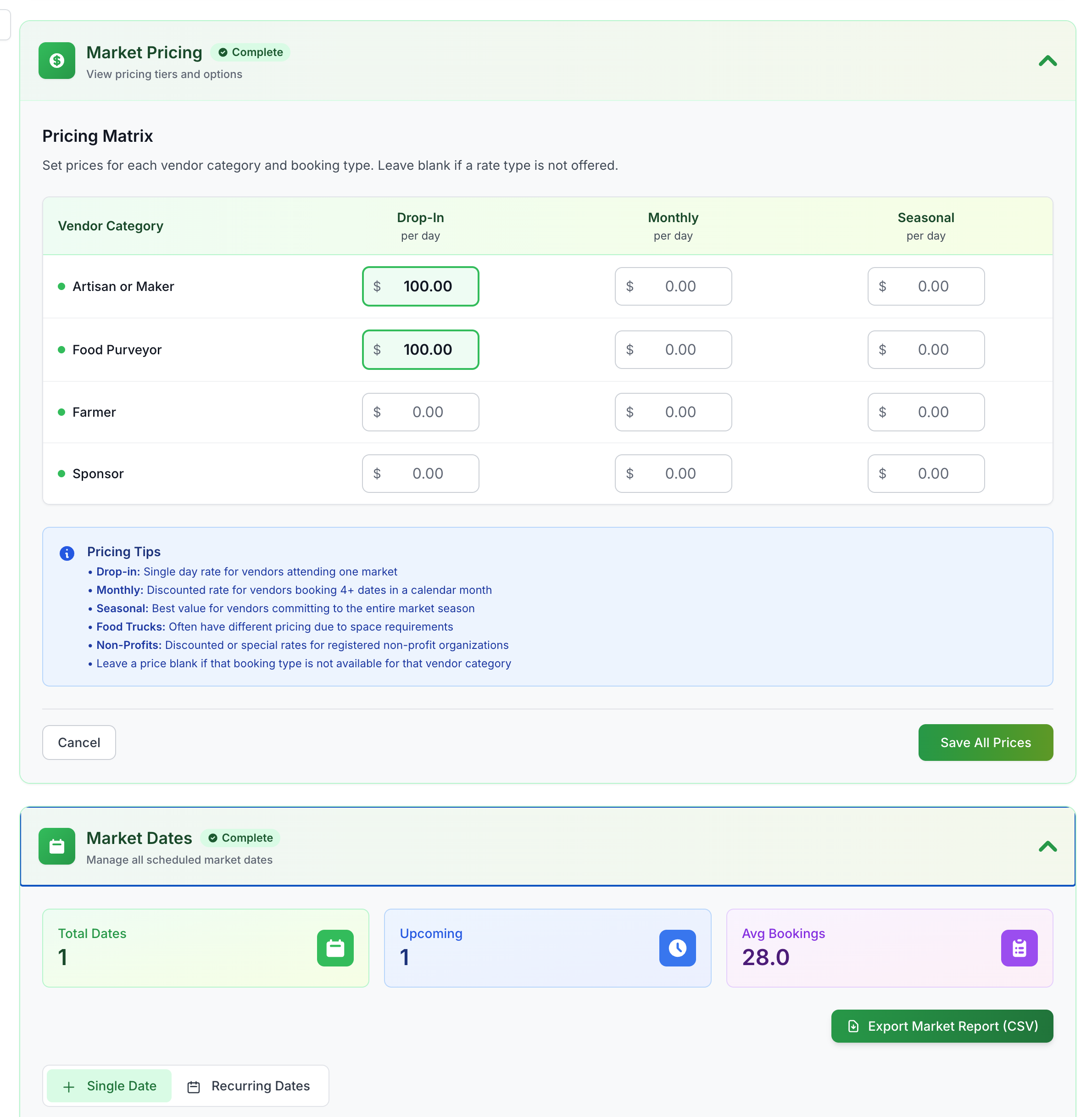 Market event page with dates, spaces, and vendor bookings